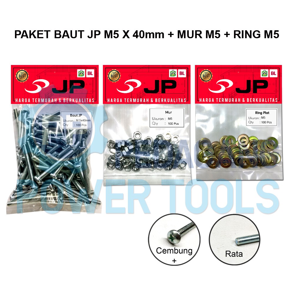 PAKET 3 SET JP M 5x40 BAUT MUR RING PLAT M 5 x 40 MUR M5 ISI 100 PCS