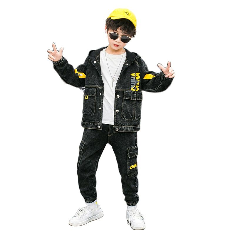 Spring & Autumn Cowboy Boy Sets New 2021 Korean Version Fashion Hooded Denim Two-Piece Suit Casual P