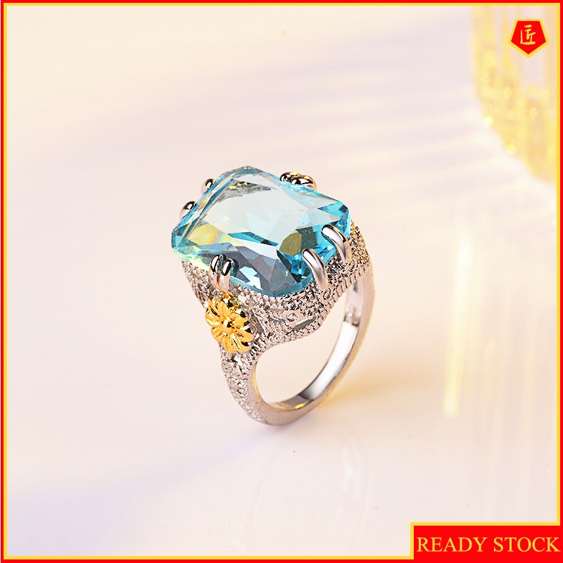 [Ready Stock]Elegant Blue Rhinestone Ring Women's Gold Color Separation Flower Ornament