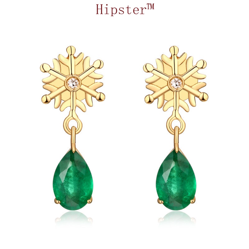 Set Light Luxury Bracelet Emerald Ring Snowflake Green Crystal Stud Earrings Gold Necklace