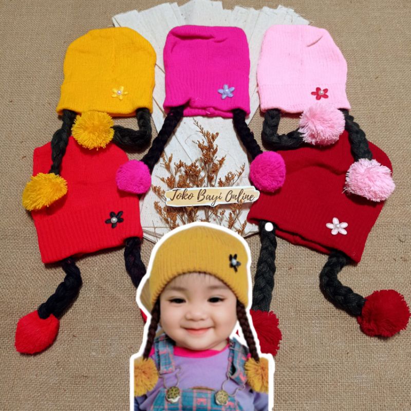 Topi bayi perempuan kupluk bayi perempuan topi anak rajut kepang