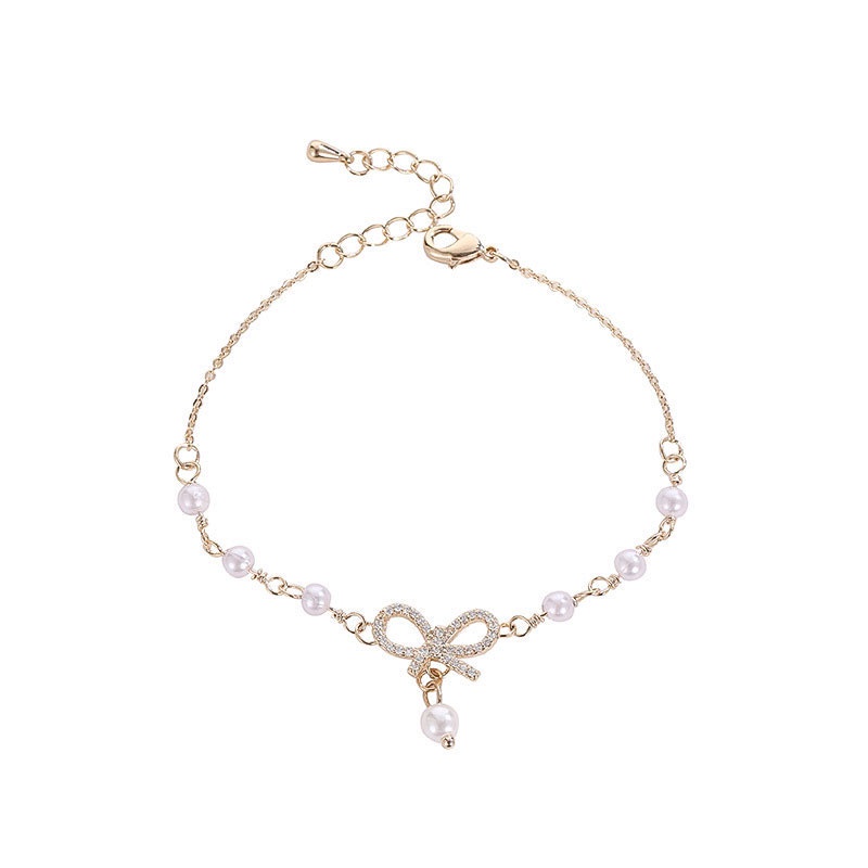 Gelang Korea Fashion Busur Mutiara Hias Berlian Imitasi Bangle Liar Aksesoris Fashion MK-gold