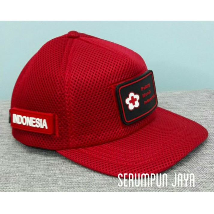 TOPI PMI / TOPI PMI RESCUE 3PATCH  JARING VELCRO MERAH / TOPI PALANG MERAH INDONESIA.