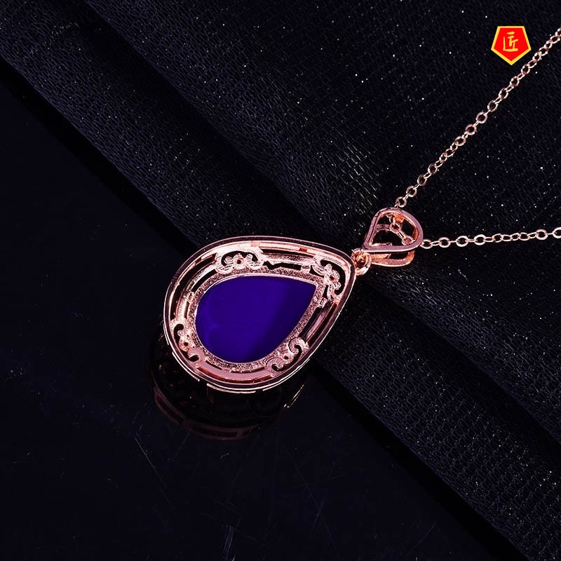 [Ready Stock]Graceful European and American Luxury Blue Amber Rose Gold Necklace for Women