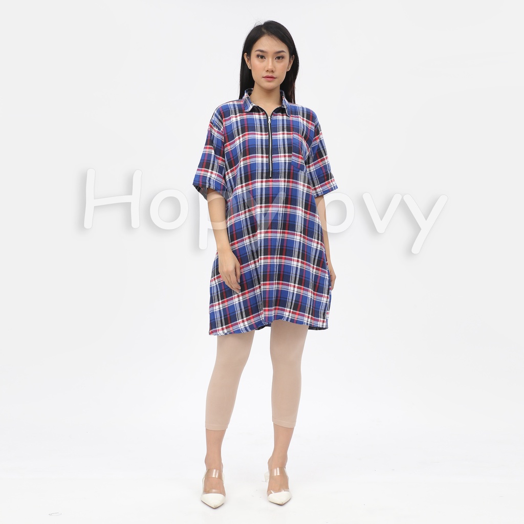 HOPYLOVY - Midi Dress Kemeja Wanita Oversize Kotak-Kotak Addiza