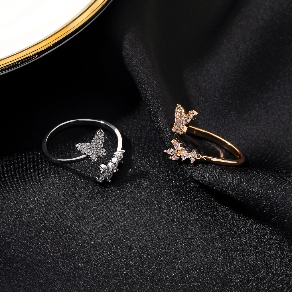 Ins Simple Butterfly Open Ring Wanita Diamond Adjustable Ring