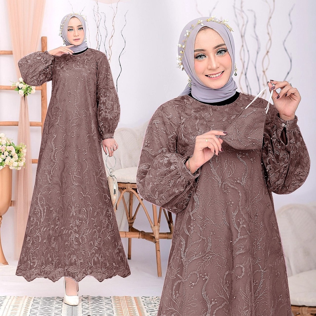 Aruni Gamis Terbaru Full Brukat Tile Mutiara Lebaran Maxi Dress Pesta Bridesmaid Kondangan Size Jumbo