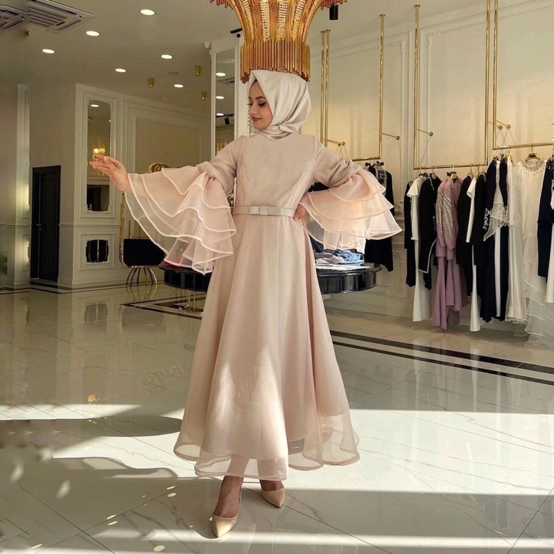 Dress A line wanita dress muslim gamis hijab dress tangan lonceng rok mekar big size jumbo plus size