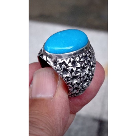 natural turquoise pirus biru persia ring perak handmade ukir bunga