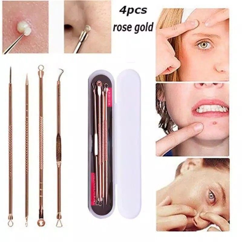 Pinset Komedo Set 4 in 1 Free Kotak Stainless Steel - Pencet Jerawat- Blackhead