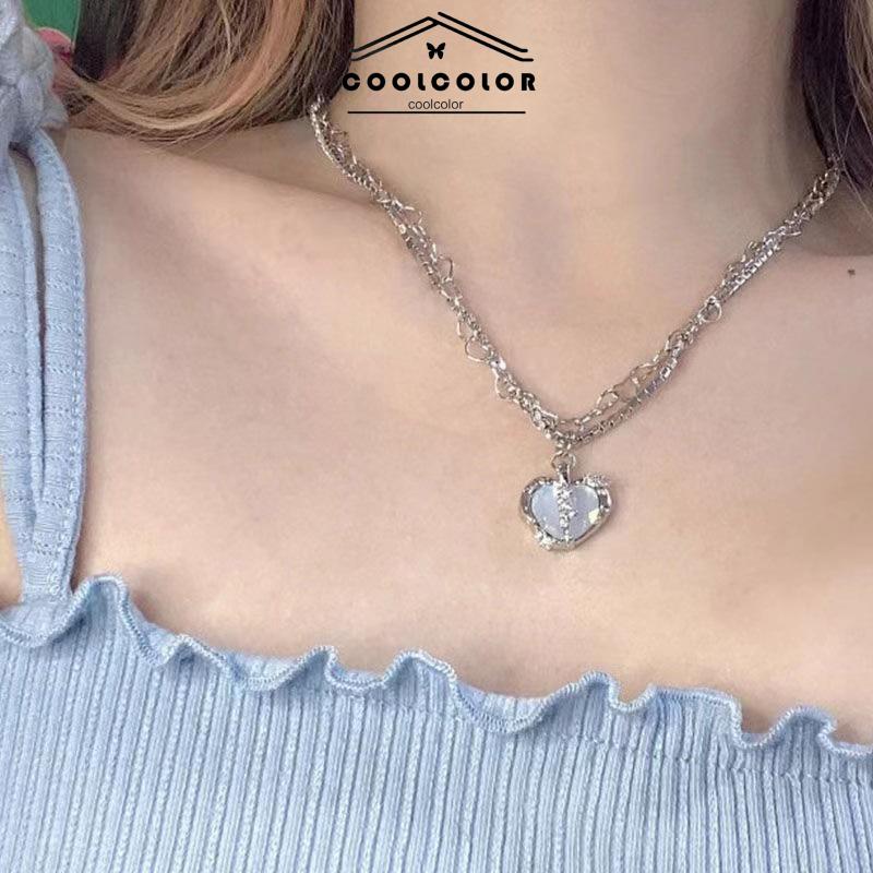 COD❤️Kalung Wanita Split Love Multi-layer Flash Diamond Zircon  Hip Hop Anti Karat Dan Luntur Mewah Hadiah Aksesoris Perhiasan Fashion Import