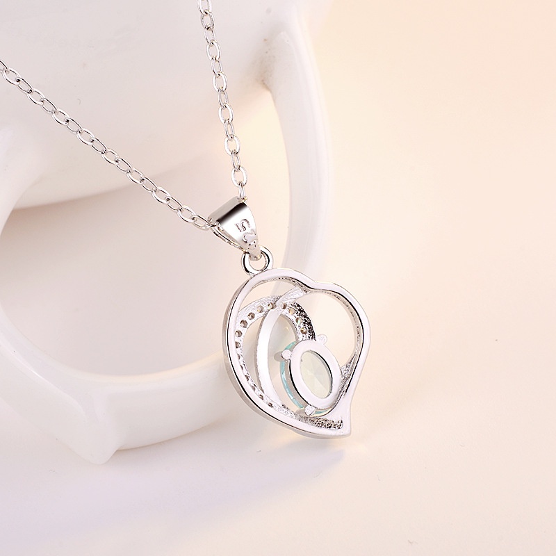 [Ready Stock]Fashion New Simple Sky Blue Crystal Necklace Heart-Shaped Pendant