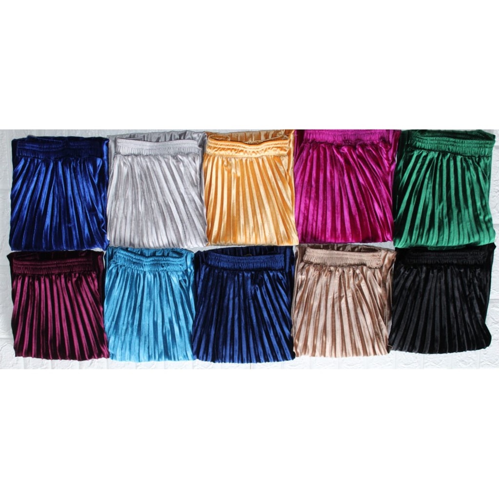Rok Bludru Velvet Panjang Plisket Premium-ROK Panjang Biru BCA