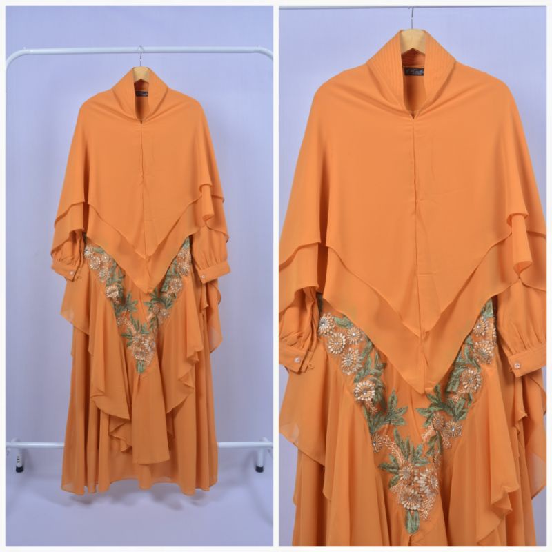 Gamis Syari Ceruty Bordir Set Khimar Gamis wanita Remaja Kekinian Ibu Ibu Jumbo Mewah-Kuning