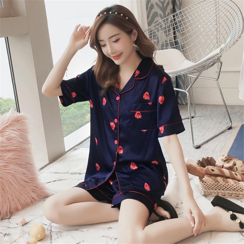 Lovera Baju Tidur Wanita Dewasa Model Kemeja Bahan Satin HP Lengan Pendek Celana Pendek Import High Quality Sleepwear-Strawberry Navy