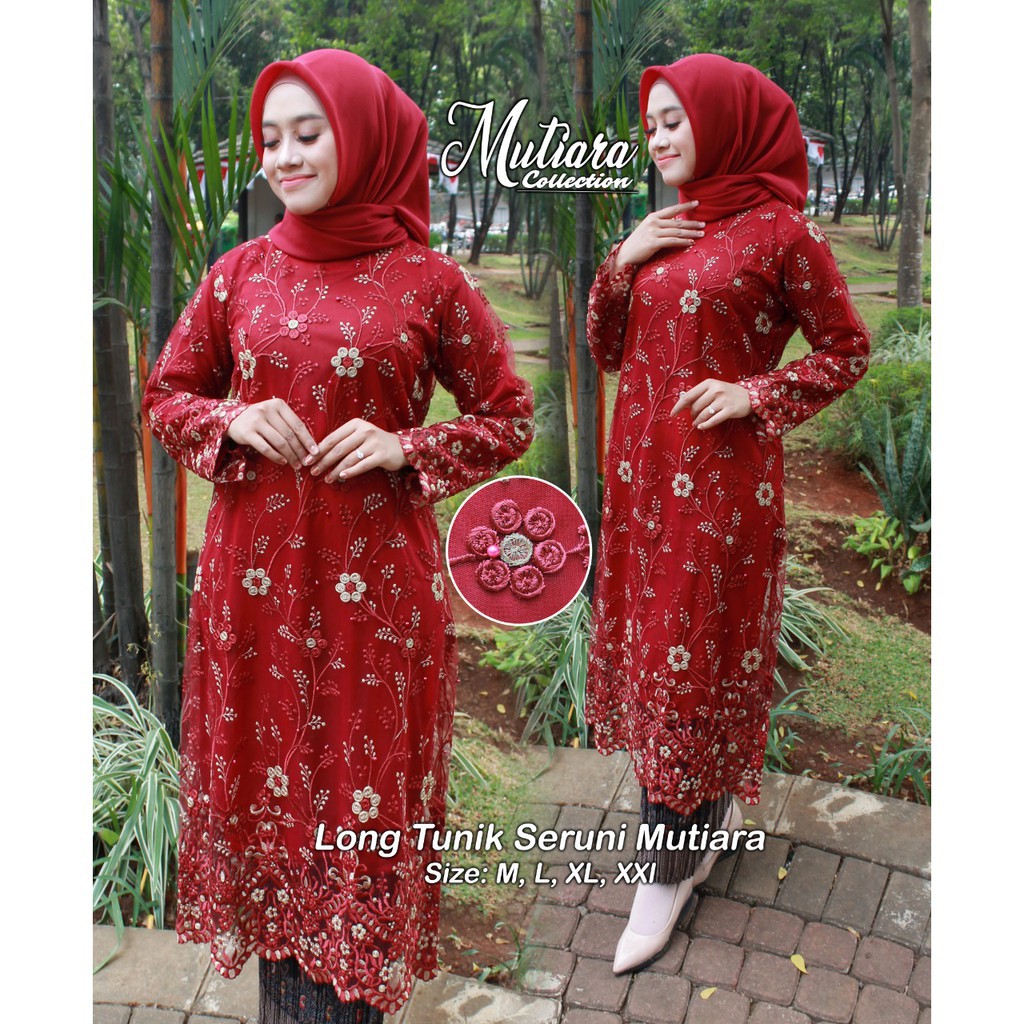 LONG TUNIK SERUNI - SET KEBAYA MODERN - TUNIK KEBAYA TULLE 3D - pakain wanita terpopuler untuk pesta