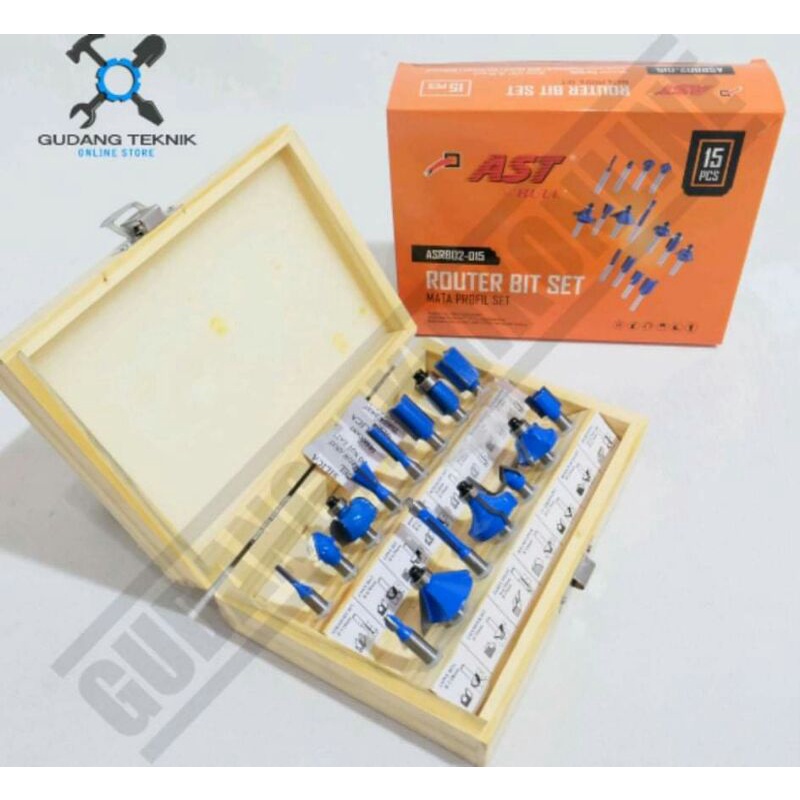 AST ASRB02-015 Mata Profil Router Bit Set 15pcs Mata Trimmer Kayu Tool Set 15 pcs / Mata Pisau Profi