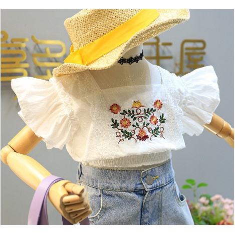 SETELAN ANAK CEWEK IMPORT / JEANS BAJU CELANA MOTIF BUNGA CROP BUNGA JEANS