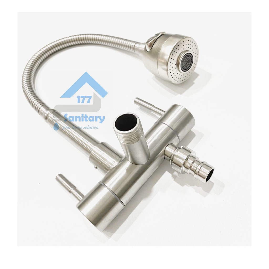 Kran Angsa CABANG Fleksibel stainless 304 18-Keran air sink double dua dobel cuci Piring selang mesin cuci filter 2in1/i37