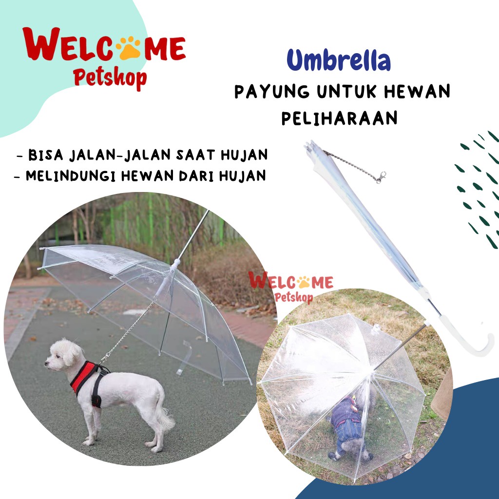 Umbrella Payung Hujan Anjing Kucing Leash Jalan Transparan