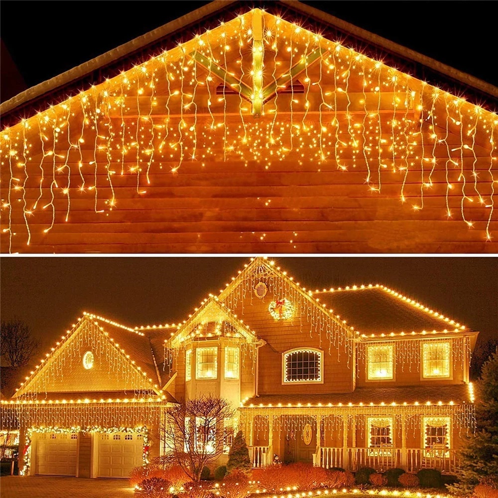 3.5M / 5M Christmas LED Iciclelights Outdoor Decoration Droop 0.4-0.7m Curtain Icicle String Lights/8 Modes AC 220V Garden Street Outdoor Decorative /Clear Wire Warm White LED String Decor for Christmas/Thanksgiving/Halloween/Party Backdrops Decorations