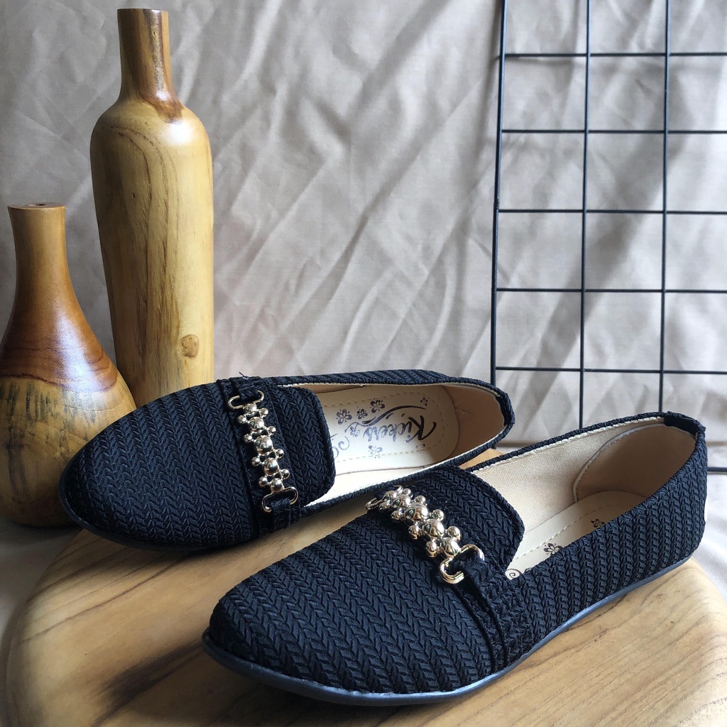 SEPATU FLATSHOES CEWEK RAJUT RANTAI TERLARIS TERCANTIK CASUAL FENI SHOES 2-Hitam