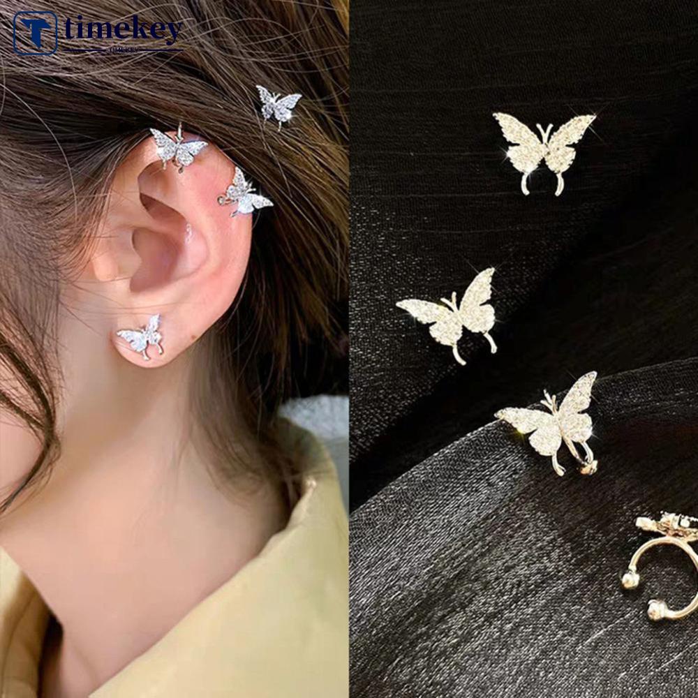 Timekey Anting Tusuk Desain Kupukupu Hias Berlian Imitasi Simple Untuk Wanita A3K1