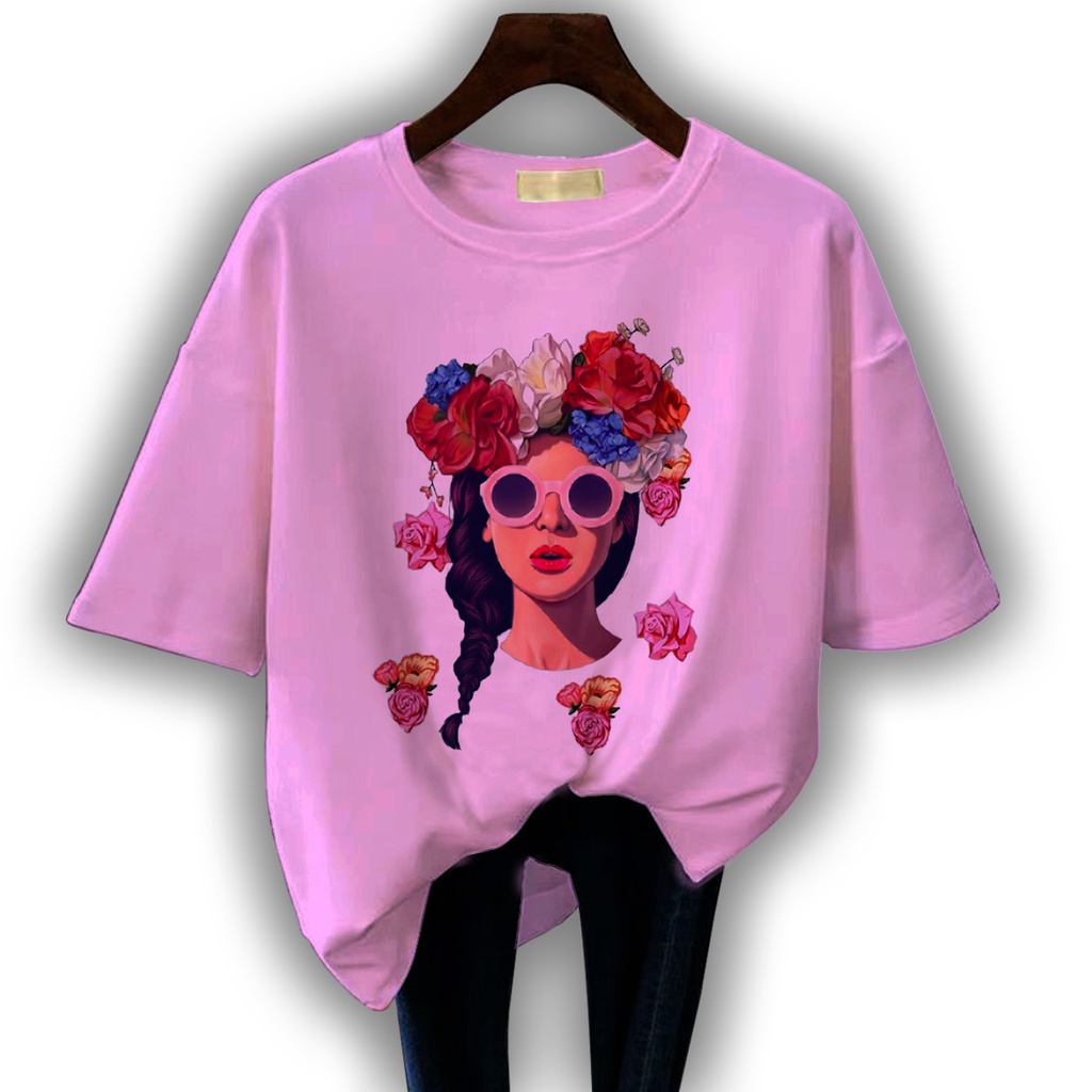 CALVIERO SHOP - BAJU KAOS WANITA DEWASA PRINT PINK GIRLS FLOWERS CASUAL