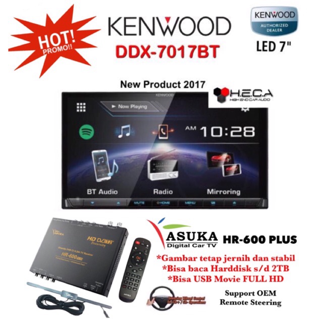 PAKET Kenwood DDX-7017BT Head Unit Double Din DDX 7017 BT Tape Mobil & ASUKA HR-600 TV Tuner Digital