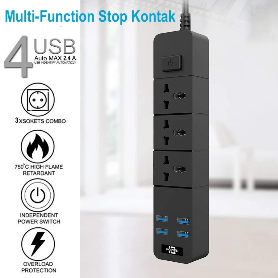 Lucky Hawk T18 2M Power Strip Stop Kontak 3 Power Socket 4 USB Port