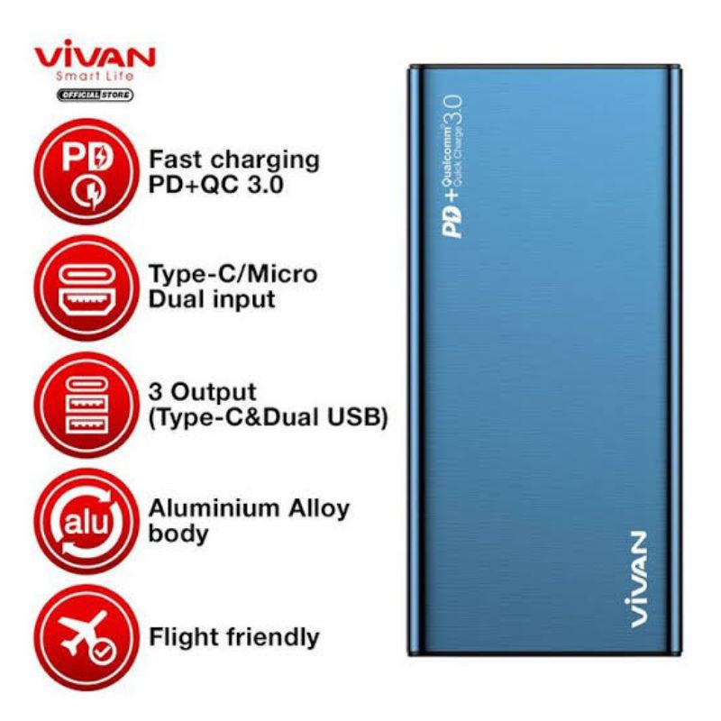 Power Bank Vivan F10S 10.000 mAh 18W  3 Amper Quick Charge 3 Output