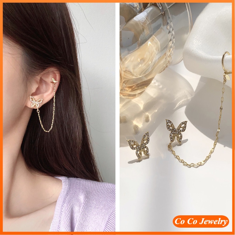 Fashion Asymmetrical Butterfly Earrings S925 Silver Needle Korean Long One-piece Ear Clip for Women Girl Jewelry Gift