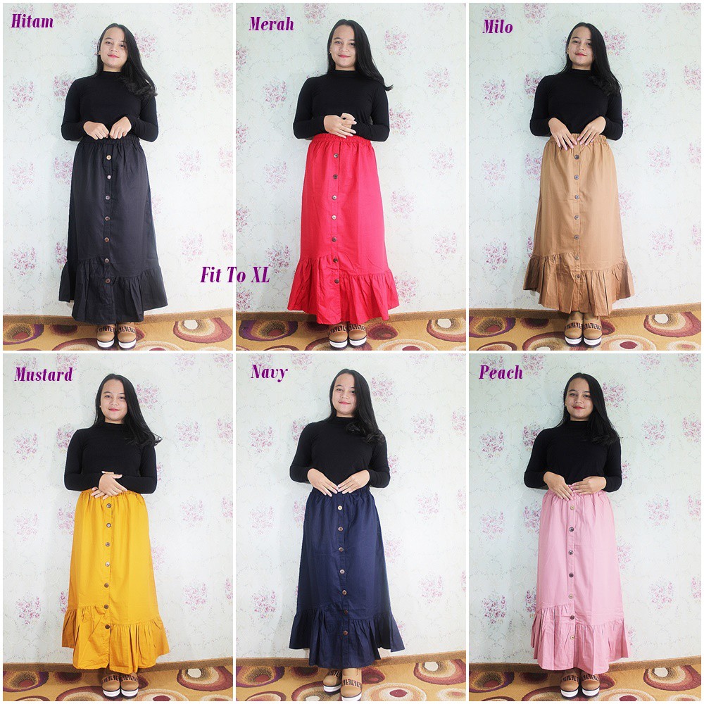 Rok Panjang Terbaru Wanita Bahan Katun Motif Ruffle Jingjet Bahan Katun Pinggang Karet