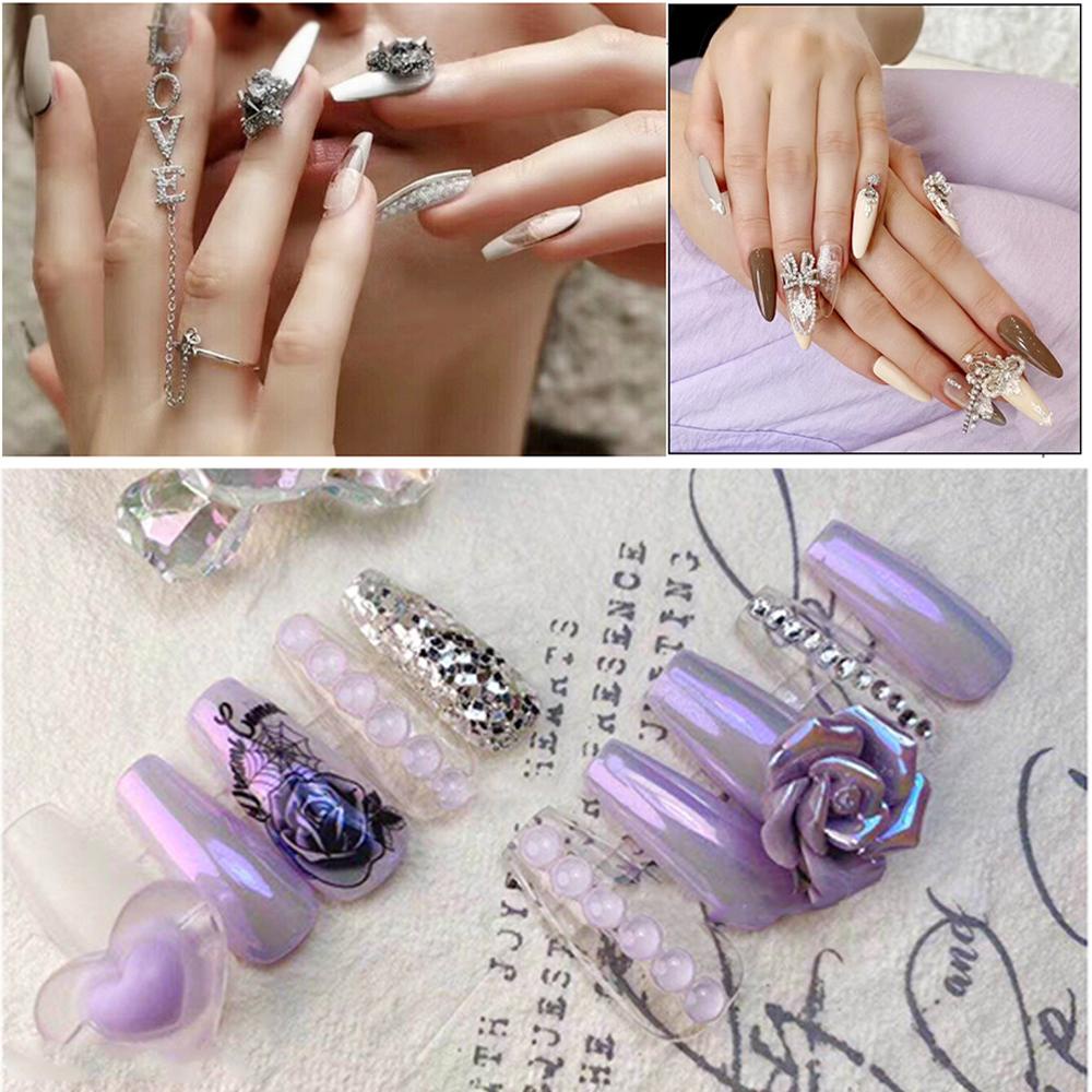 Mxbeauty Kuku Berlian Imitasi 3D Logam Mengkilap Mutiara Cinta Liontin Rantai Kristal Busur Nail Art Dekorasi