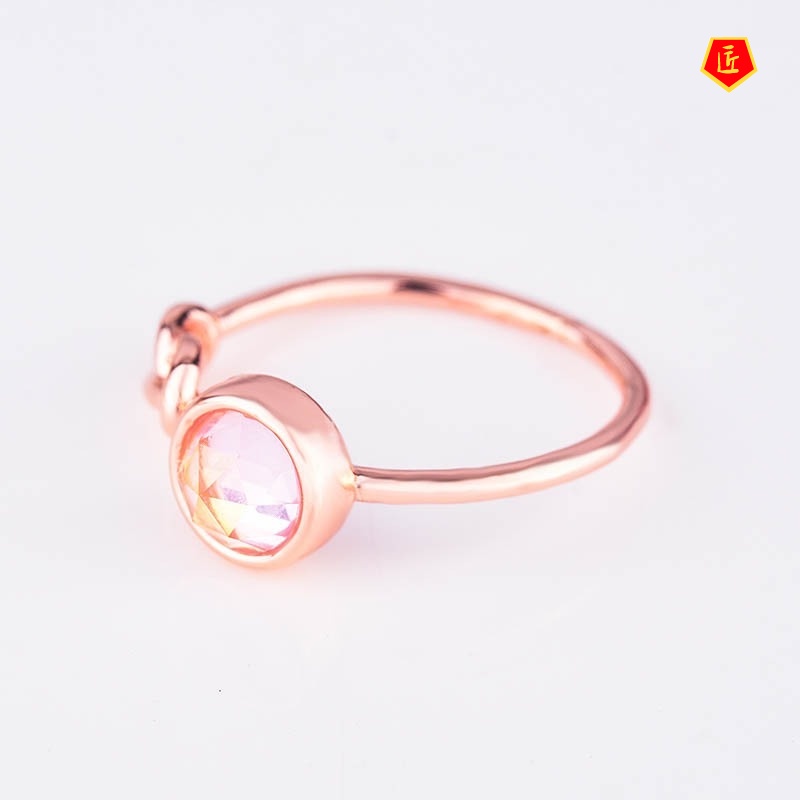 [Ready Stock]Creative Knotted Pink Crystal Moonstone Ring Female 18K Rose Gold
