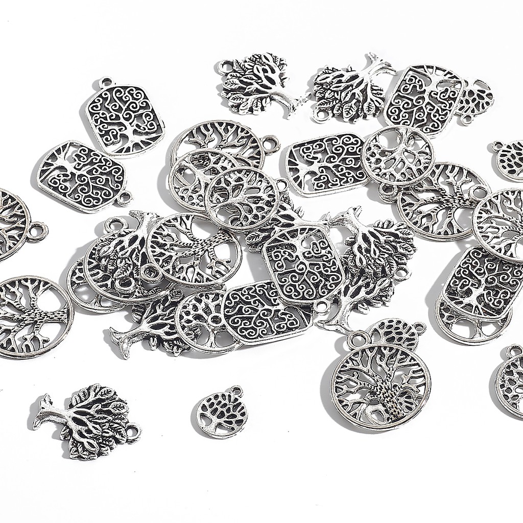 10-30 Pcs 5 Ukuran Charms Life Dreaming Trees Bentuk Bulat Kotak Lapis Silver Untuk Gelang Kalung