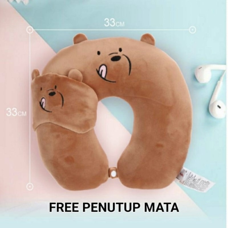 Bantal Leher Dewasa U Free Penutup Mata dan Kancing Berlabel SNI Murah Lembut Empuk Mewah Bantal Leher Travelling Mobil Bantal Tidur 2 in 1 We Bare Bears Multifungsi U-Shaped Pillow Pakai Kancing Bantal Sandar Kepala Bantal Leher Karakter Panda Beruang