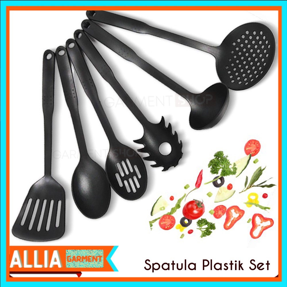 Spatula Set Isi 6 Pcs Sutil Sendok Sayur Peralatan Masak Dapur Plastik Hitam Tahan Panas Murah Besar