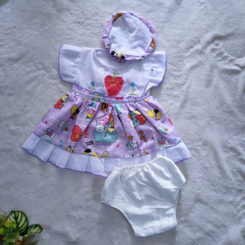 Dress baby cewek newborn  1 2 3 4 5 6 bulan gaun anak perempuan bayi bari lahir bonus topi dan celana ( dress NEWBORN  babyna )