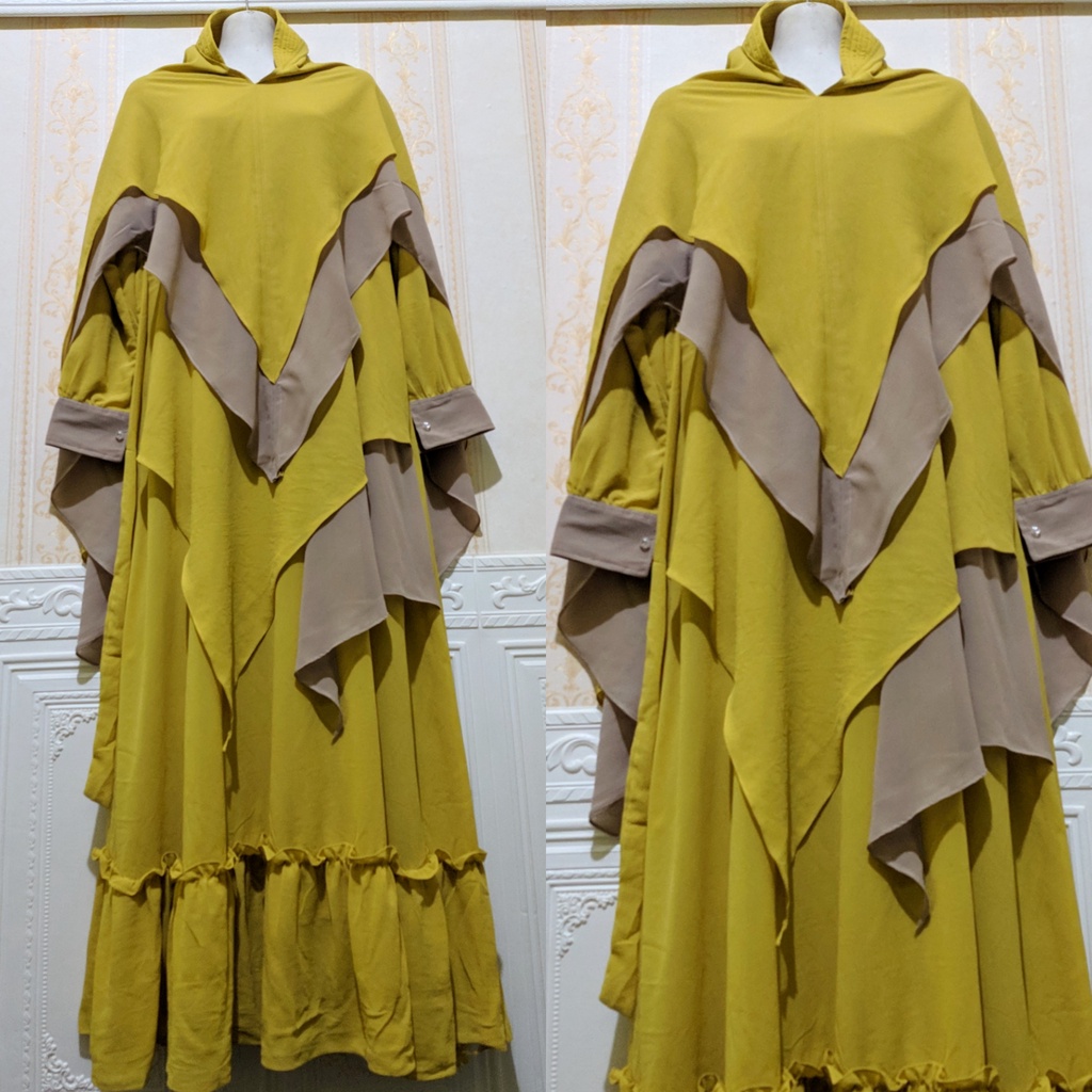 Gamis syari ceruty set khimar Gamis wanita remaja ibu ibu jumbo mewah Gamis terbaru kekinian-Lemon mix coksu