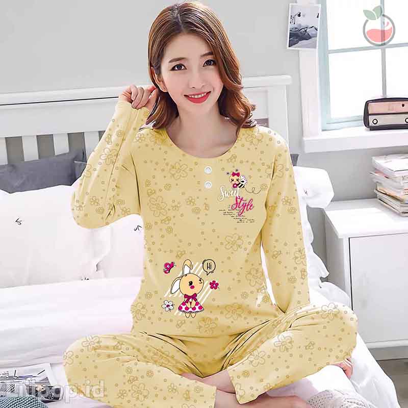 Lilipop.id  Baju Tidur Wanita Sweat Style Celana Panjang PP Allsize Lengan Panjang Baby Doll Bahan Kaos Dewasa