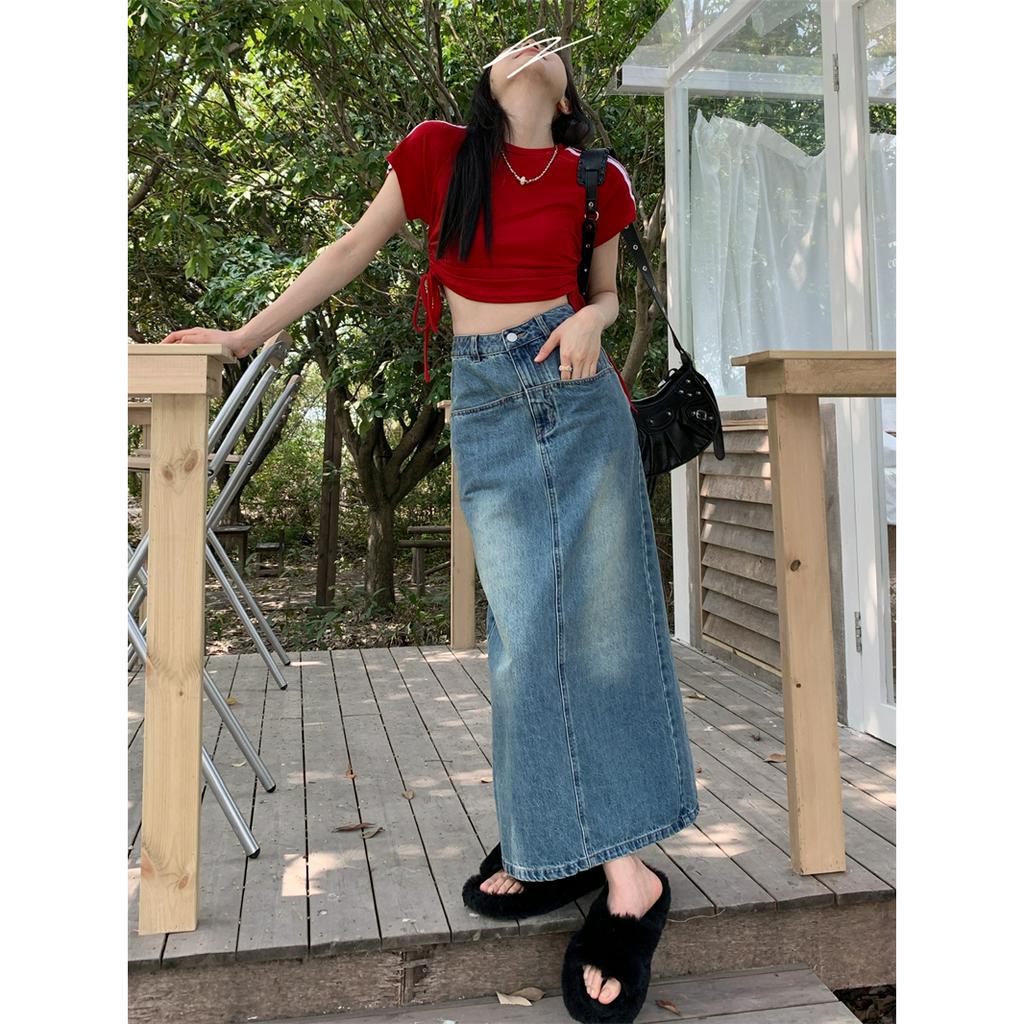 rok denim highwaist vintage washed rok a-line premium korean style rok vintage panjang