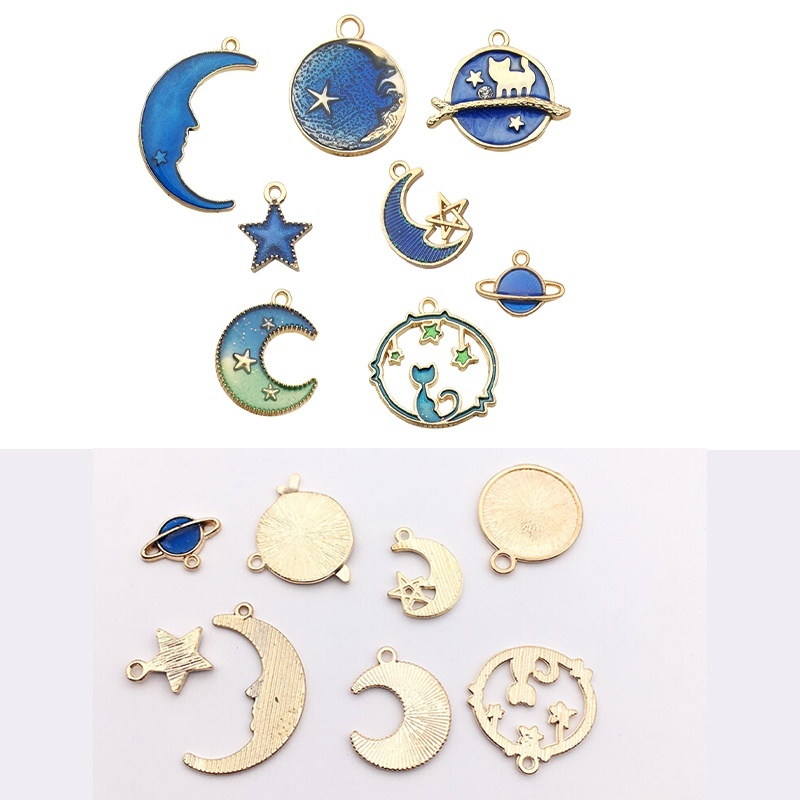 8Pcs Enamel Charms Blue Moon Star Planet Pendant Charms Spacer Beads for Jewlery Making DIY Bracelet Earrings Necklace