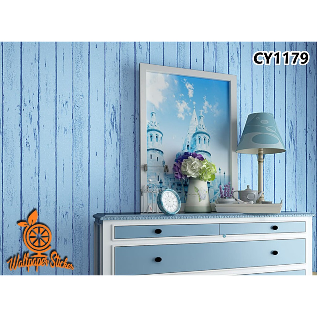 (COD) Wallpaper Stiker Dinding / Walpaper dinding Kamar Tidur Wallpaper Motif Salur Biru Vintage