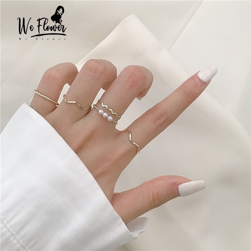We Flower 5pcs / Set Cincin Manik-Manik Mutiara Gaya Korea Untuk Wanita