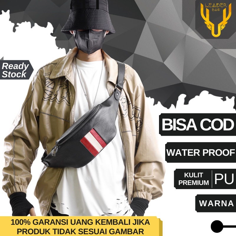 Tas Selempang Kulit Pria Distro Terbaru 2021 Warna Hitam Original Waistbag Kulit Cowok Ori Keren Anti Air Tas Pinggang Kecil Kulit Pria Impor Murah REDLINE