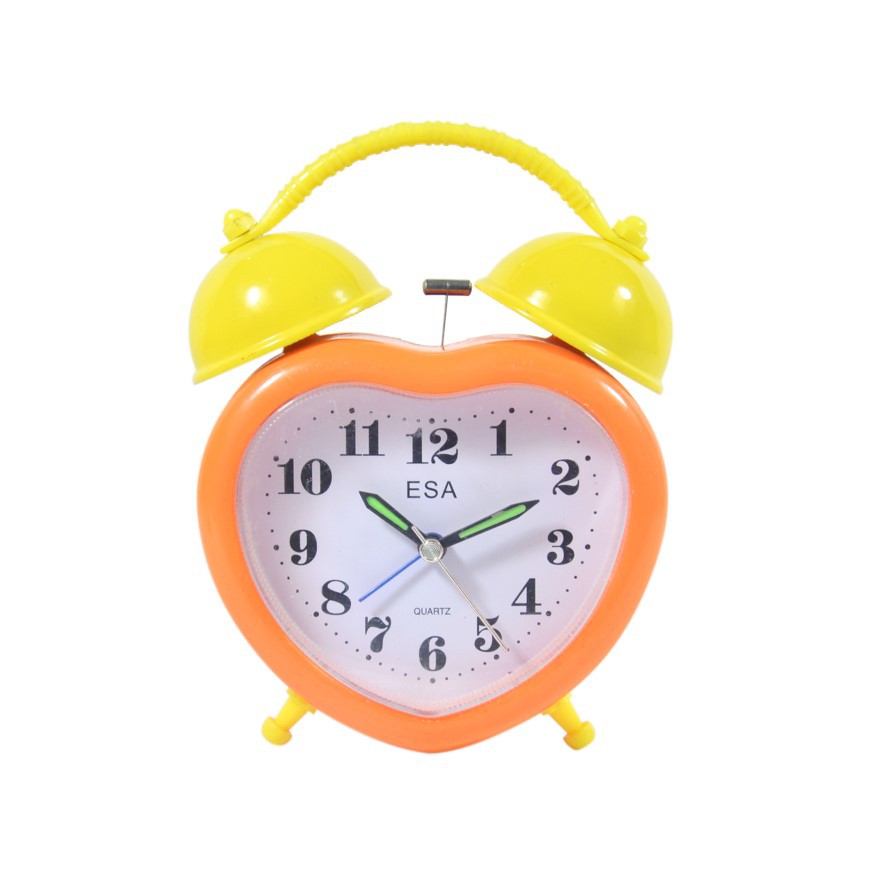 Jam Meja Weker Alarm Clock Modern Bentuk Hati Oranye 12 cm Free Baterai