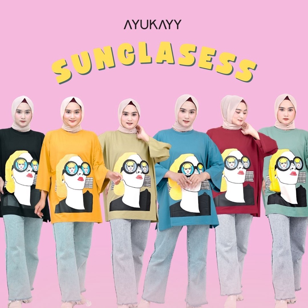 Kaos Oversize Viral Wanita -SUNGLASESS- 7/8 / Top oversized combed 30s Premium sablon Plastisol