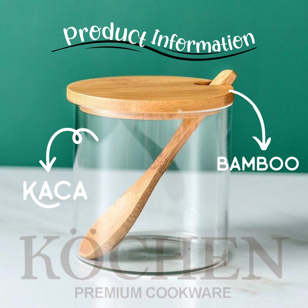 MYKOCHEN.INA Tempat Bumbu Dapur SET 3pcs Free Sticker Free Sendok Botol Bumbu Dapur Wadah Bumbu Dapur Gula Garam Kaldu Kopi Teh Multifungsi Kaca Neron Glass Bamboo Jar Toples Transparan Gaya Jepang Aesthetic Nordic Scandinavian Bambu Kayu Canister