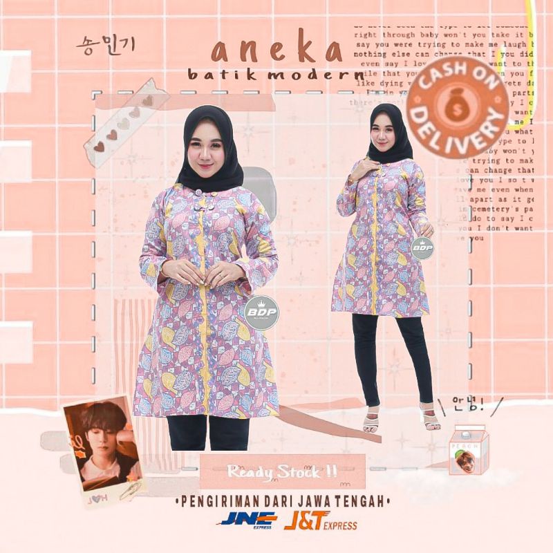 TUNIK BATIK WANITA KANCING DEPAN LENGAN PANJANG WARNA KOMBINASI LILAC UNGU KUNING BIRU MOCCA TOSCA